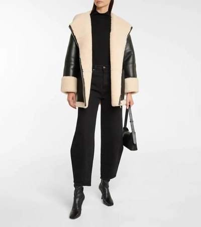Totême Two-tone Shearling Zipped Jacket In Black Leather In Black Off White