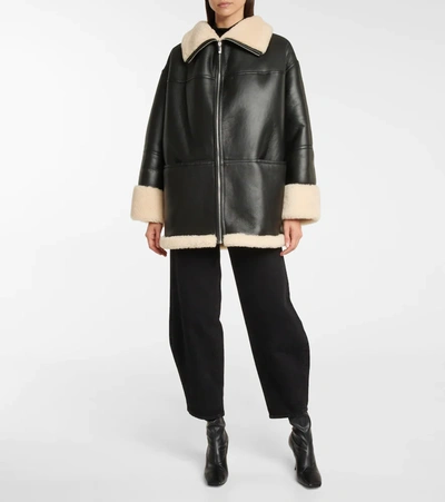 Totême Two-tone Shearling Zipped Jacket In Black Leather In Black Off White