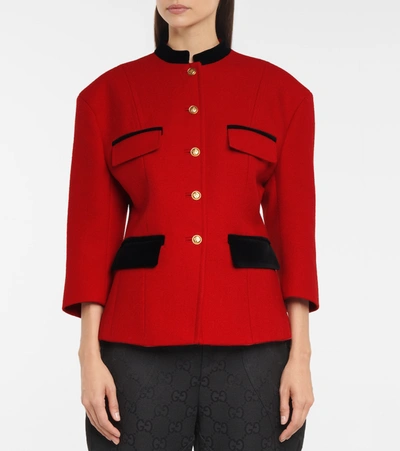 Shop Gucci Velvet-trimmed Wool-blend Jacket In Barn Red/mix