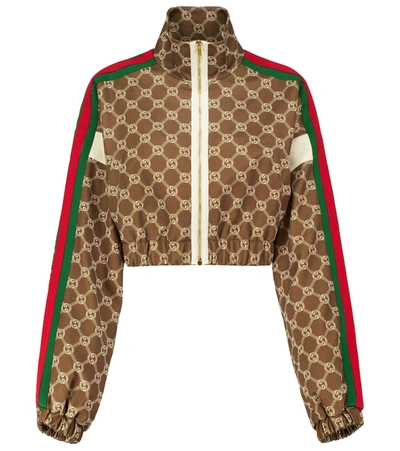 Gucci Gg Jacquard Cropped Sweatshirt With Web In Military Green/ivory