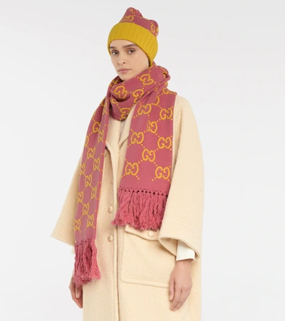 Shop Gucci Gg Jacquard Wool Scarf In Pink/yellow