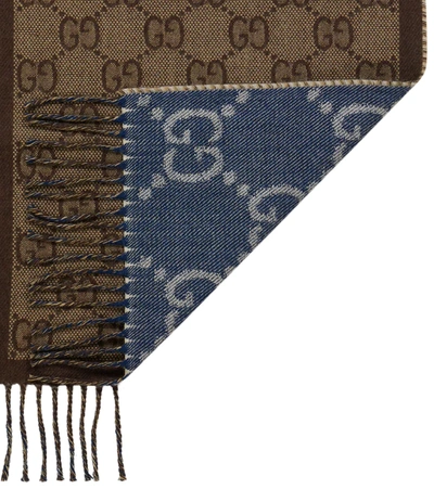Shop Gucci Gg Jacquard Wool Scarf In Navy/light Brown