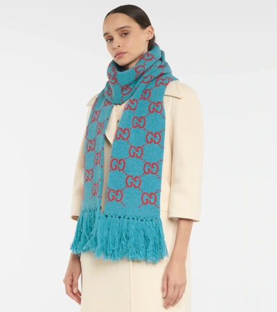 Shop Gucci Gg Jacquard Wool Scarf In Bluette/red
