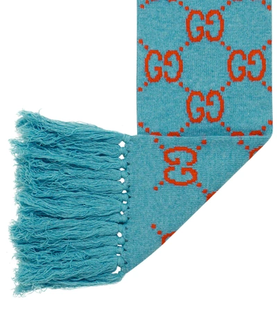 Shop Gucci Gg Jacquard Wool Scarf In Bluette/red