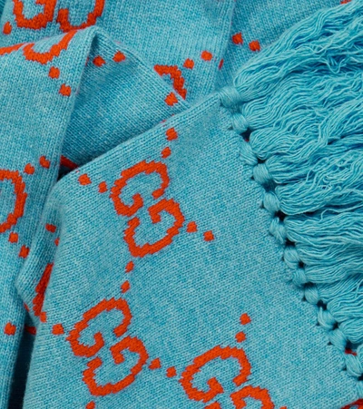 Shop Gucci Gg Jacquard Wool Scarf In Bluette/red