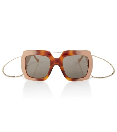 Shop Gucci Chain-trimmed Square Sunglasses In Havana-ivory-brown
