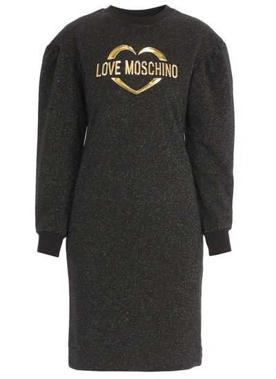Shop Love Moschino Logo Detailed Puff Sleeved Dress In Black