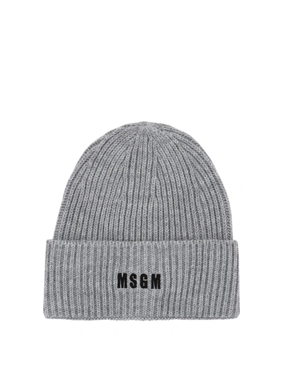 Shop Msgm Ribbed Beanie In Grey