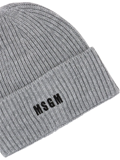 Shop Msgm Ribbed Beanie In Grey