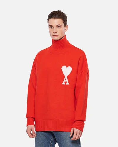 Shop Ami Alexandre Mattiussi Ami Paris Ami De Coeur Turtleneck Wool  Sweater In Red