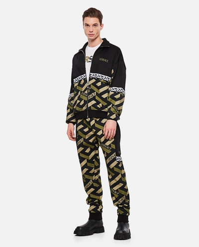 Shop Versace Full Zip Cotton Blend Sweatshirt With Monogram Print In Green