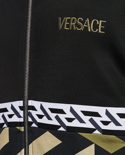 Shop Versace Full Zip Cotton Blend Sweatshirt With Monogram Print In Green