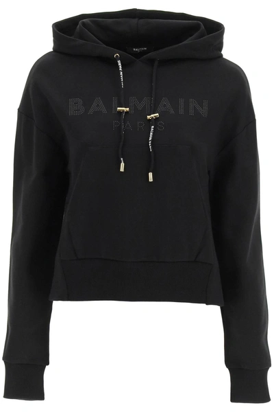 Shop Balmain Cropped Hoodie With Logo In Black