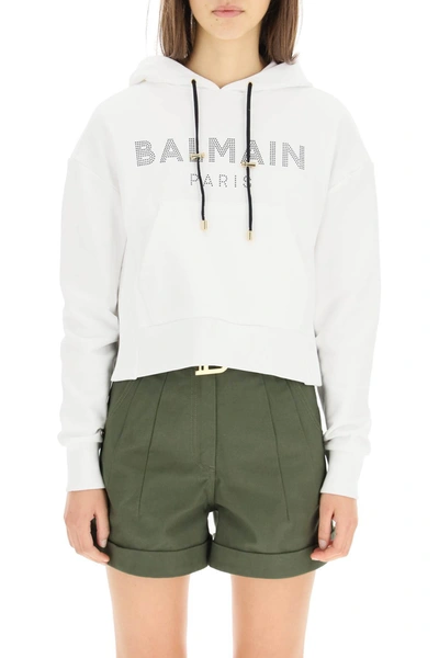 Shop Balmain Cropped Hoodie With Logo In Mixed Colours