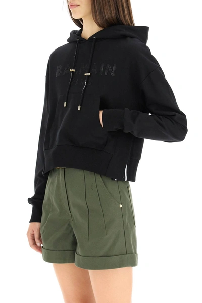 Shop Balmain Cropped Hoodie With Logo In Black