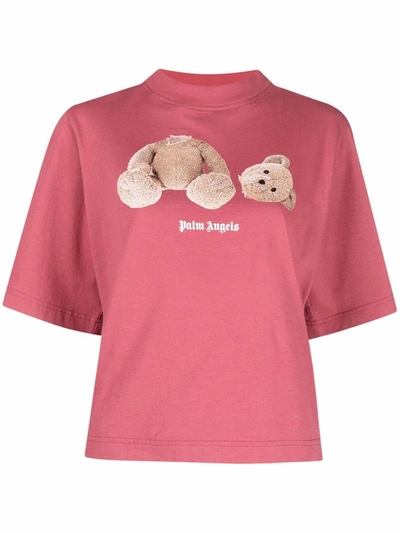 Shop Palm Angels Bear-print Cropped T-shirt In Pink