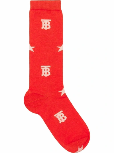 Shop Burberry Intarsia-knit Logo Socks In Red