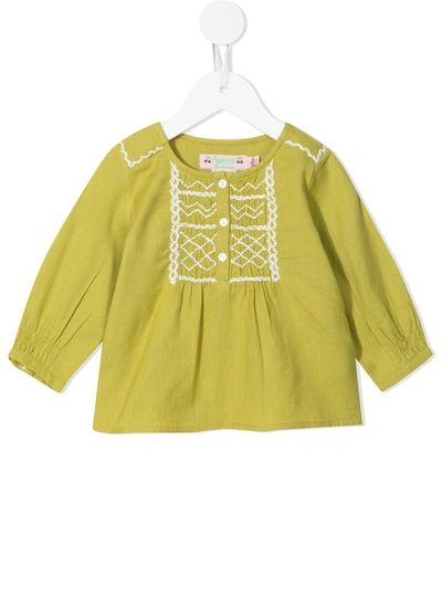 Shop Bonpoint Embroidered Button-up Blouse In Green