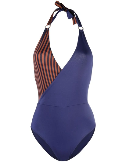 Shop Emporio Armani Panelled Halterneck Swimsuit In Blue