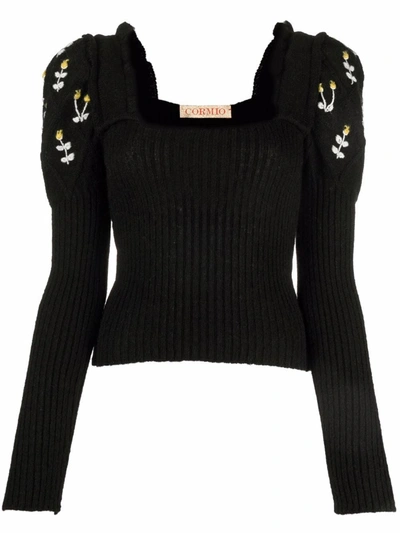 Shop Cormio Embroidered Puff-sleeve Blouse In Black