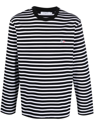 Shop Maison Kitsuné Fox-embroidered Striped T-shirt In White