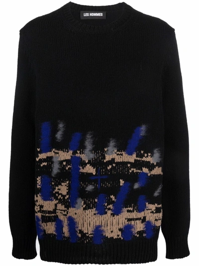 Shop Les Hommes Abstract-pattern Crew-neck Jumper In Black