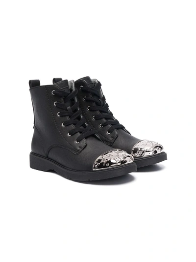 Shop Liu •jo Teen Metallic-toecap Lace-up Boots In Black