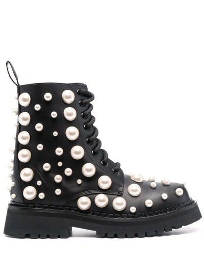 Shop Moschino Pearl-embellished Ankle Boots In Black