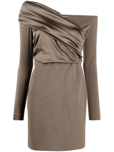 Shop Fendi Off-shoulder Ruched Mini Dress In Brown