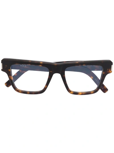 Shop Saint Laurent Square Frame Tortoise Glasses In Brown