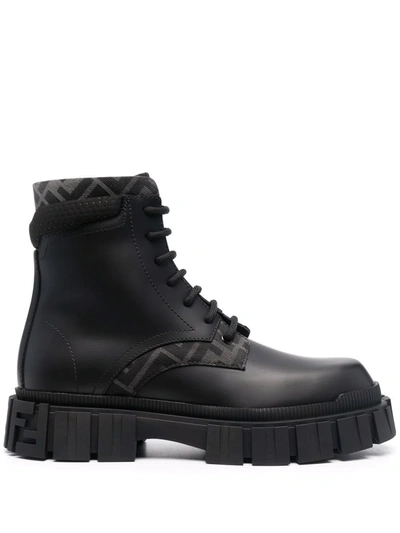 Shop Fendi Monogram Pattern Lace-up Boots In Black