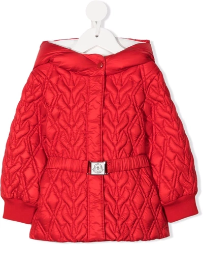 Shop Moncler Patterned Hooded Down Coat In Red