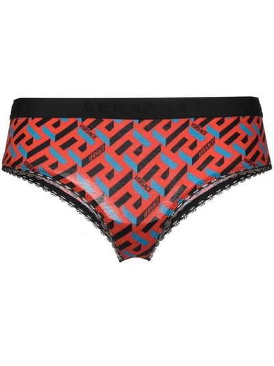 Shop Versace La Greca Pattern Briefs In Red