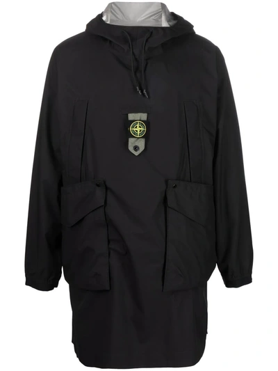 Shop Stone Island Logo-patch Drawstring-hood Raincoat In Black