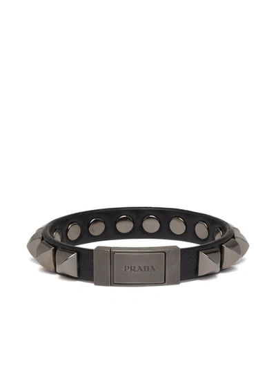 Shop Prada Studded Logo Plaque Bracelet In Black