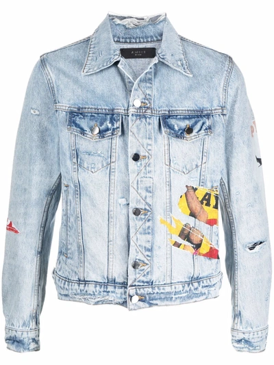 Shop Amiri Graphic-print Distressed Denim Jacket In Blue