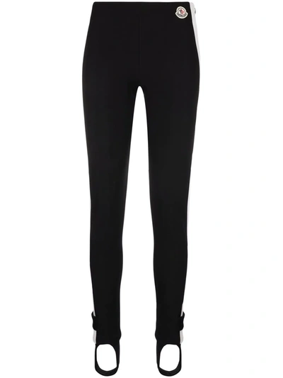 Moncler Black Stretch Fabric Leggings With Logo Patch In Black