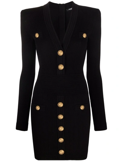 Shop Balmain Button-embellished Knitted Dress In Black