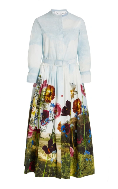 Shop Oscar De La Renta Women's Belted Floral Cotton Midi Shirt Dress In Print