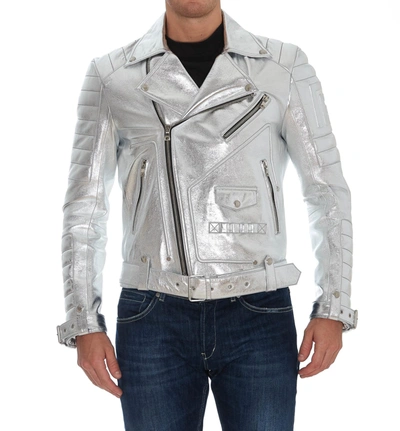 Shop Balmain Biker Jacket In Silver