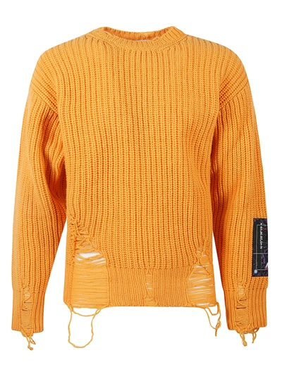 Shop Msgm Logo Patch Distressed Effect Rib Knit Pullover In Orange
