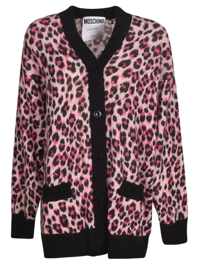 Shop Moschino Leopard Cardigan In Fuchsia/black