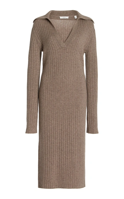 Shop Vince Women's Ribbed-knit Wool-cashmere Midi Polo Dress In Brown,pink