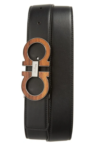Shop Ferragamo Double Gancino Reversible Leather Belt In Nero/ Hickory