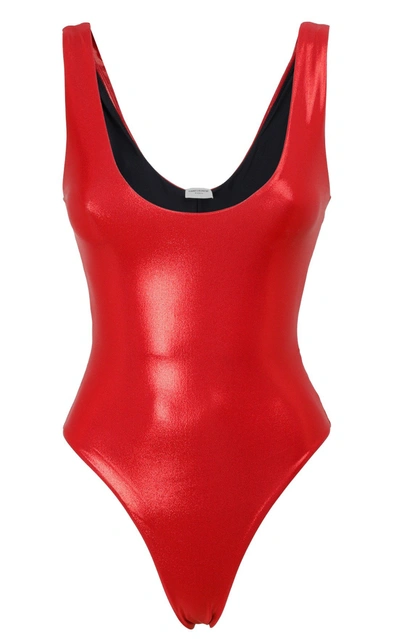 Shop Saint Laurent Metallic Sleeveless Bodysuit In Red