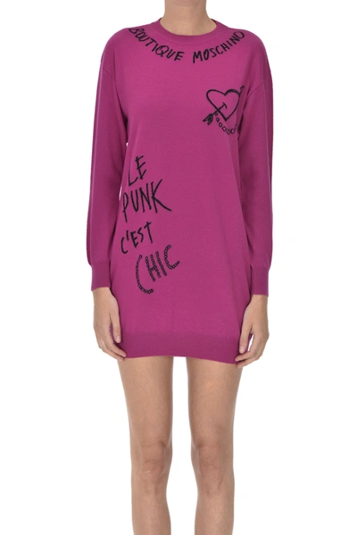 Shop Moschino Boutique Knitted Mini Dress In Fuxia