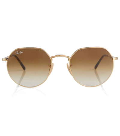 Shop Ray Ban Rb3565 Hexagonal Metal Sunglasses In Gold/beige