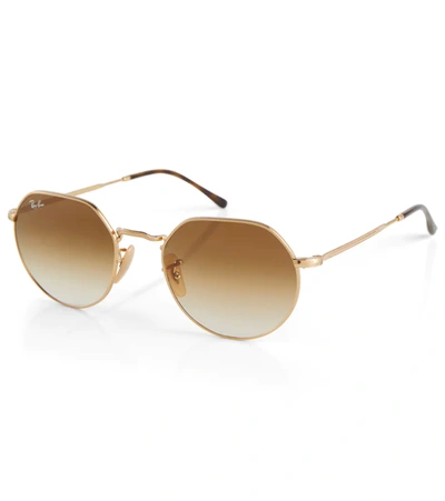 Shop Ray Ban Rb3565 Hexagonal Metal Sunglasses In Gold/beige