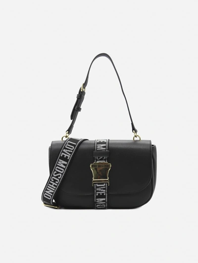 Shop Love Moschino Eco-leather Shoulder Bag With Decorative Buckle In Black