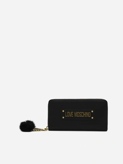 Shop Love Moschino Wallet With Logo Lettering And Eco-fur Detail In Black